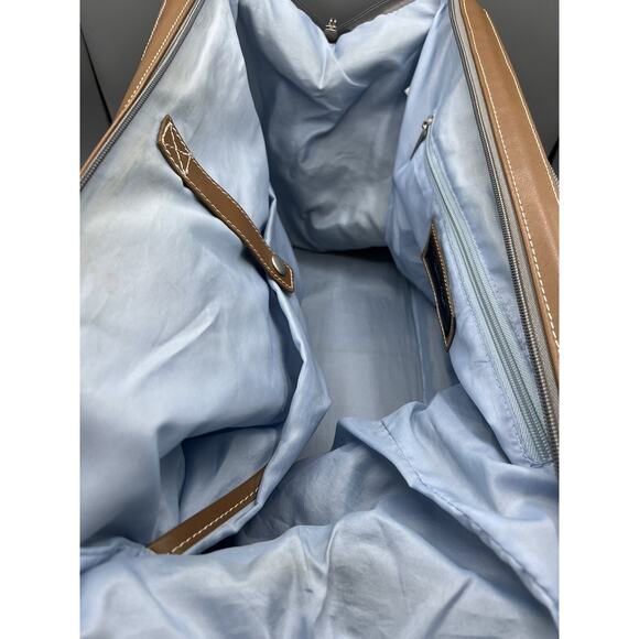 Tommy Hilfiger Canvas Duffel Tote Bag Gray Tan Leather Trim Striped Travel - Picture 4 of 5